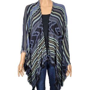 BCBG MaxAzaria Multi Media Blue Patterned Boho Fringed Shawl/Poncho Size OS
